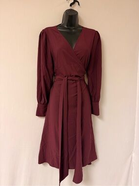 Halogen Burgundy Wrap Midi Dress with Tie Waist